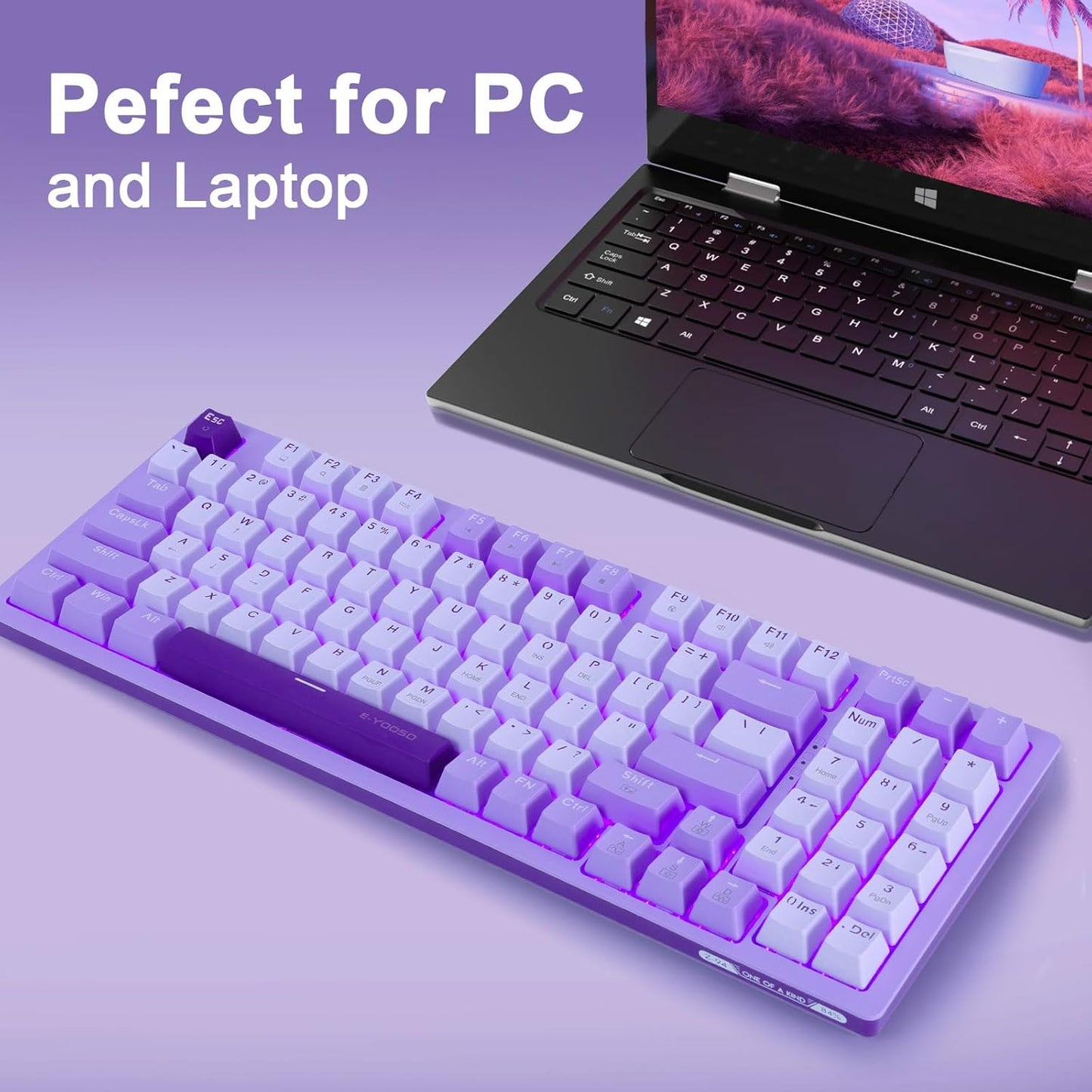 Mechanical Gaming Keyboard USB Wired Compact with Number Pad, Purple Led Backlit, Blue Switch, Detachable Type C Cable, 94 Keys for Pc/Computer/Laptop, White and Purple