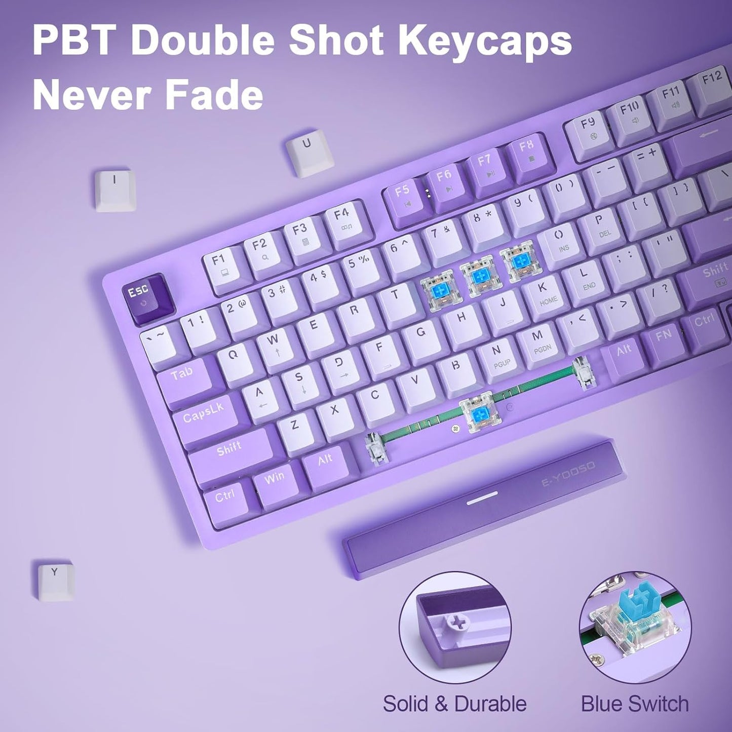Mechanical Gaming Keyboard USB Wired Compact with Number Pad, Purple Led Backlit, Blue Switch, Detachable Type C Cable, 94 Keys for Pc/Computer/Laptop, White and Purple