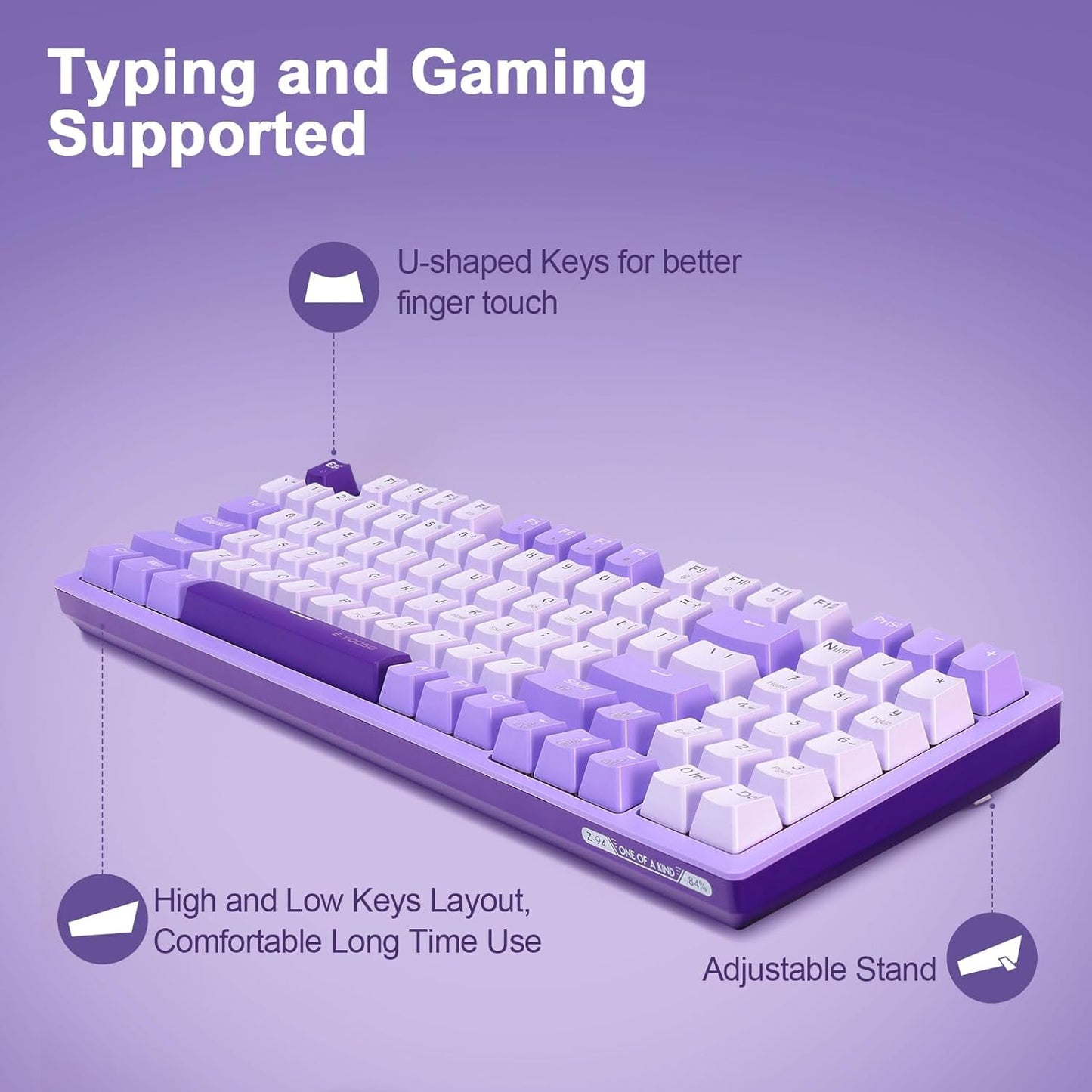Mechanical Gaming Keyboard USB Wired Compact with Number Pad, Purple Led Backlit, Blue Switch, Detachable Type C Cable, 94 Keys for Pc/Computer/Laptop, White and Purple