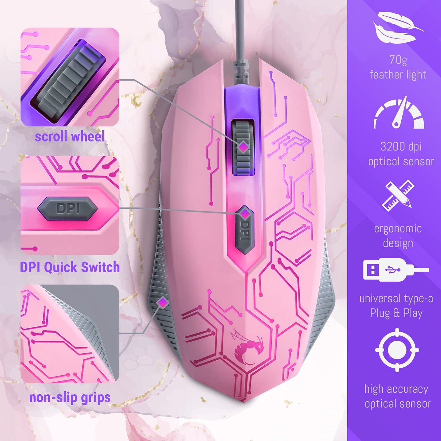 Pink Gaming Keyboard and Mouse Headset Headphones and Mouse Pad, Wired LED RGB Backlight Bundle Pink PC Accessories for Gamers and Xbox and PS4 PS5 Nintendo Switch Users - 4In1 Edition Hornet RX-250