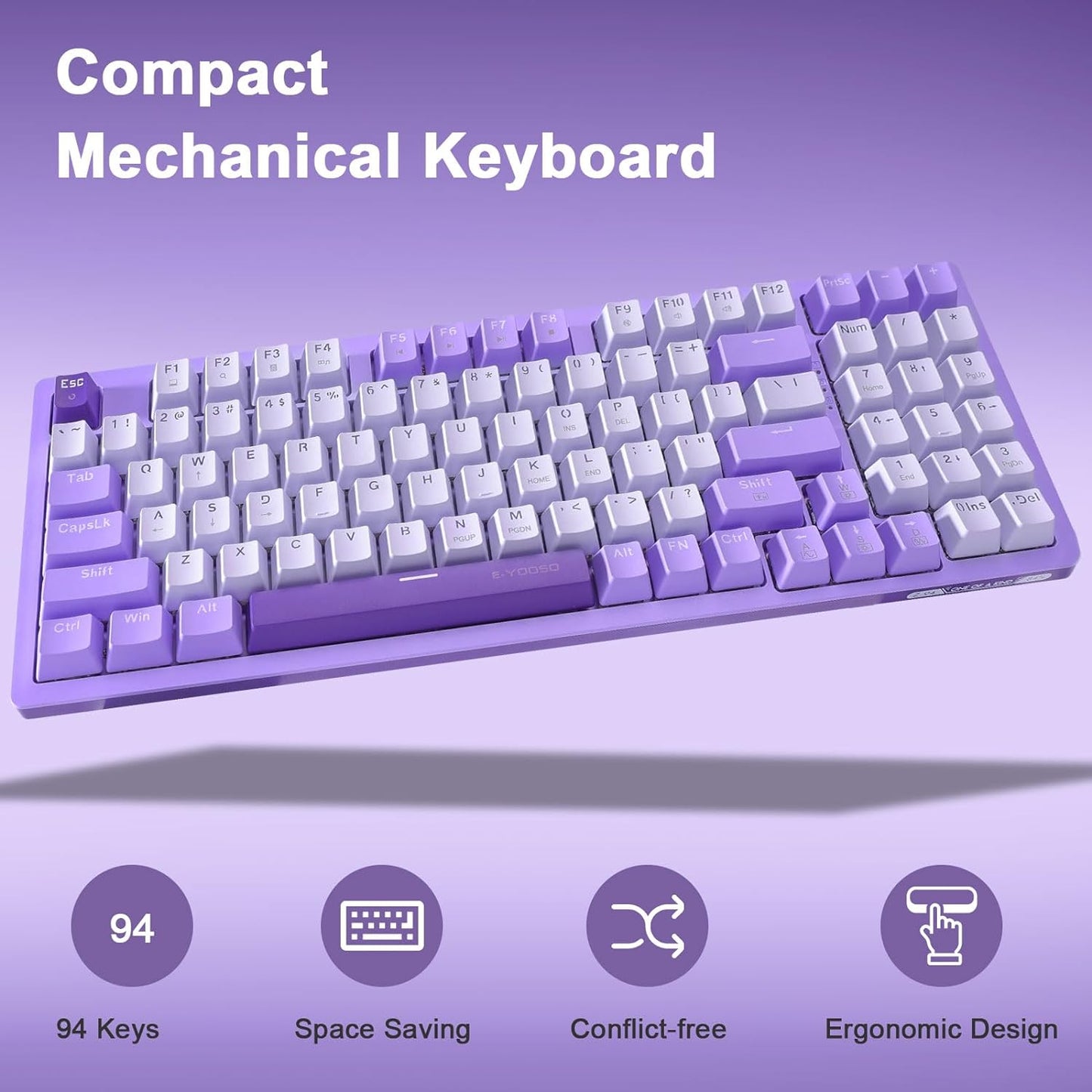 Mechanical Gaming Keyboard USB Wired Compact with Number Pad, Purple Led Backlit, Blue Switch, Detachable Type C Cable, 94 Keys for Pc/Computer/Laptop, White and Purple