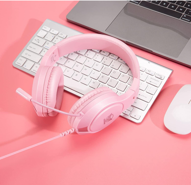 Pink Gaming Headset Bass Surround and Noise Cancelling with Flexible Mic, 3.5Mm Wired Adjustable Over-Ear Headphones for Laptop PC Ipad Smartphones