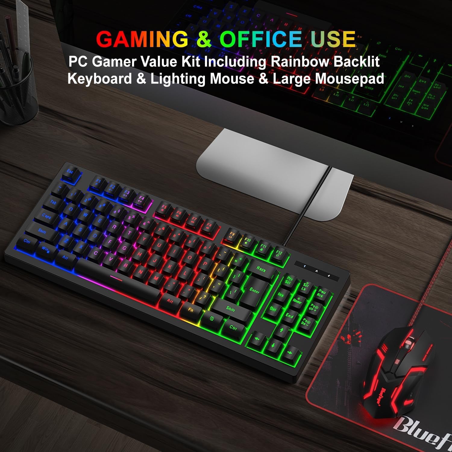 RGB 87 Keys Gaming Keyboard and Backlit Mouse Combo,  USB Wired Rainbow Gaming Keyboard Set for Laptop PC Computer Game and Work