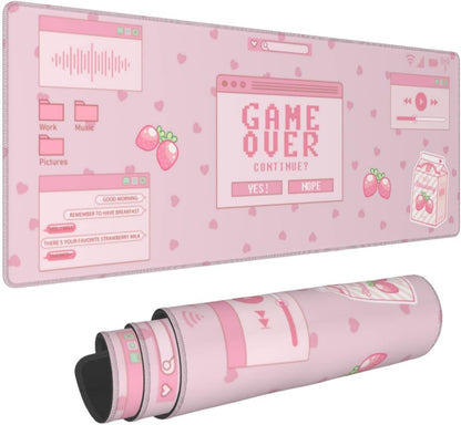 Pink Game Strawberry Milk Gaming Mouse Pad XL, Large Extended Mousepad Desk Pad, Long Nonslip Rubber Mice Mats Stitched Edges Playmat for Office Home Gamer, 31.5X11.8 Inch