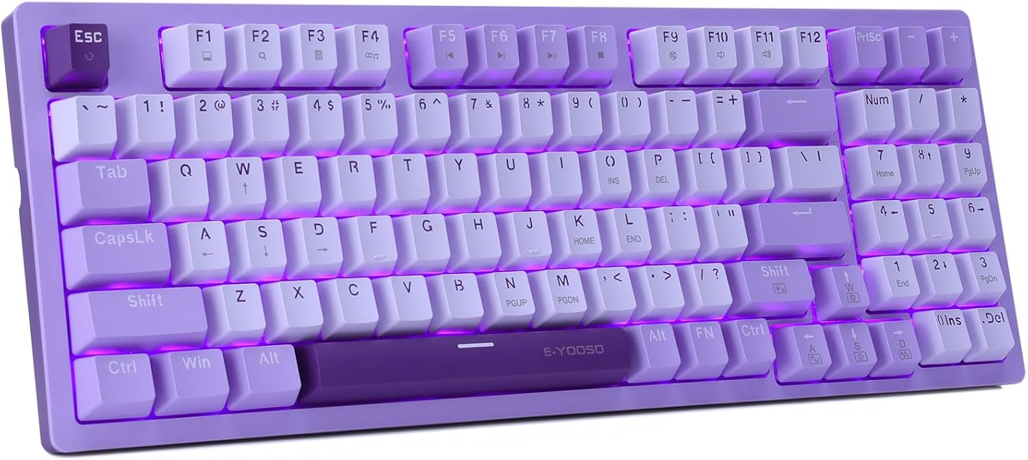 Mechanical Gaming Keyboard USB Wired Compact with Number Pad, Purple Led Backlit, Blue Switch, Detachable Type C Cable, 94 Keys for Pc/Computer/Laptop, White and Purple
