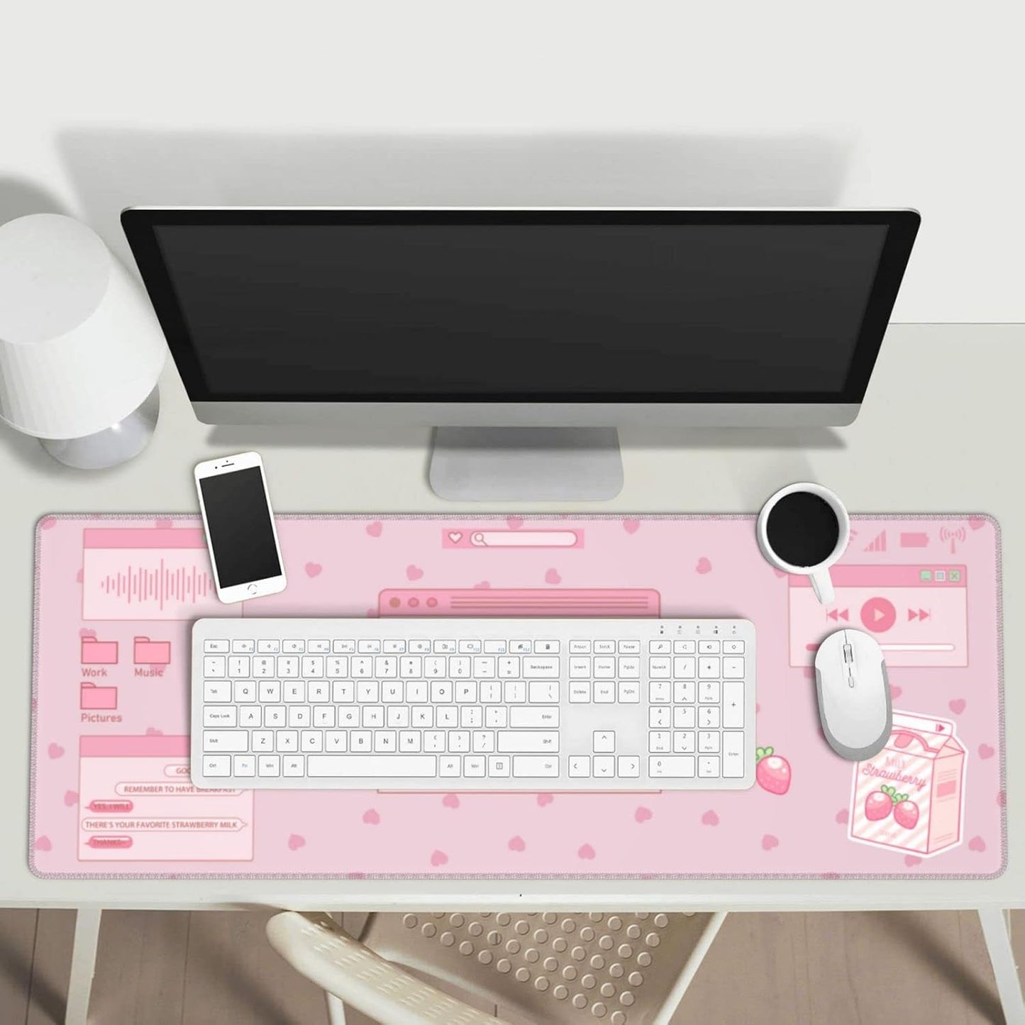 Pink Game Strawberry Milk Gaming Mouse Pad XL, Large Extended Mousepad Desk Pad, Long Nonslip Rubber Mice Mats Stitched Edges Playmat for Office Home Gamer, 31.5X11.8 Inch