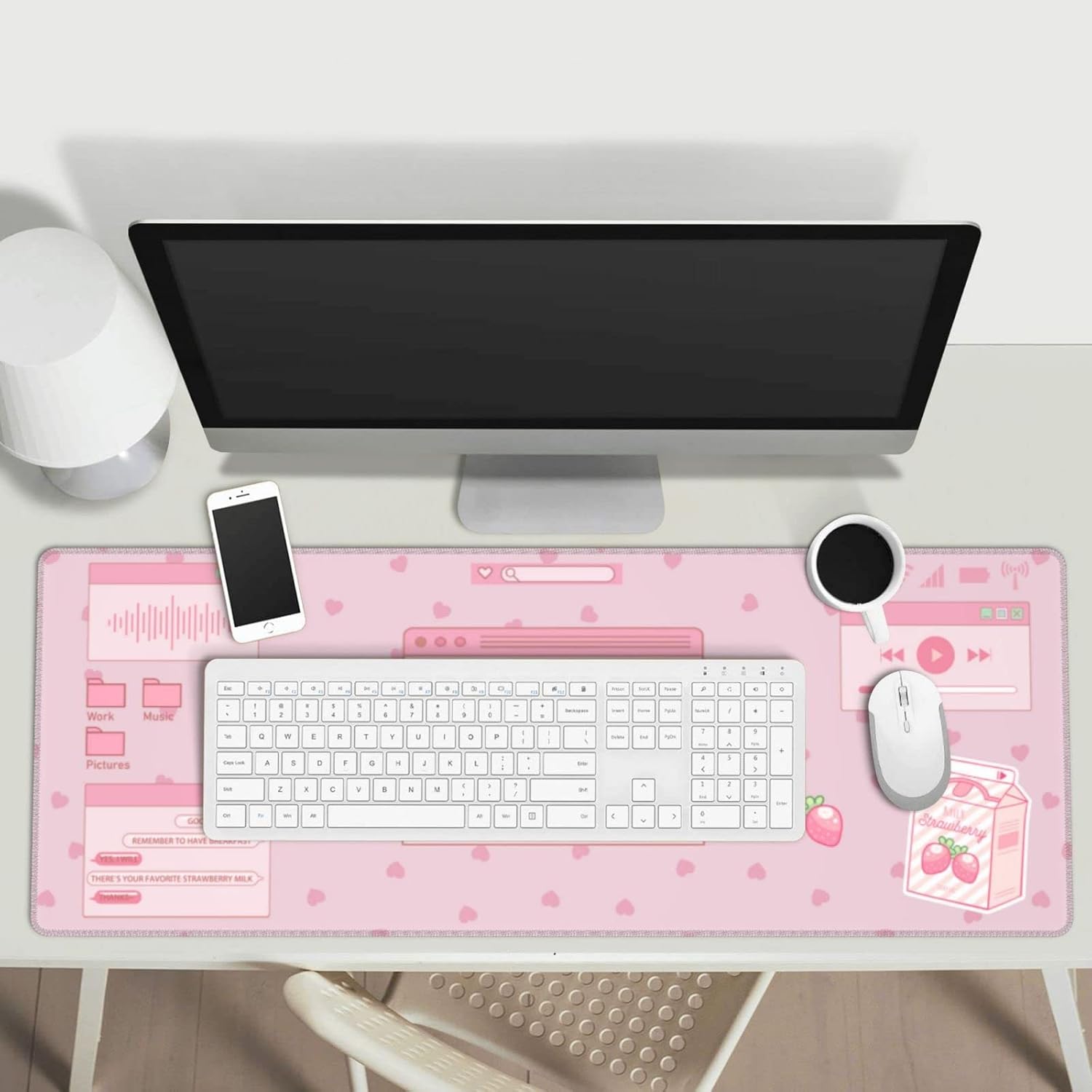 Pink Game Strawberry Milk Gaming Mouse Pad XL, Large Extended Mousepad Desk Pad, Long Nonslip Rubber Mice Mats Stitched Edges Playmat for Office Home Gamer, 31.5X11.8 Inch