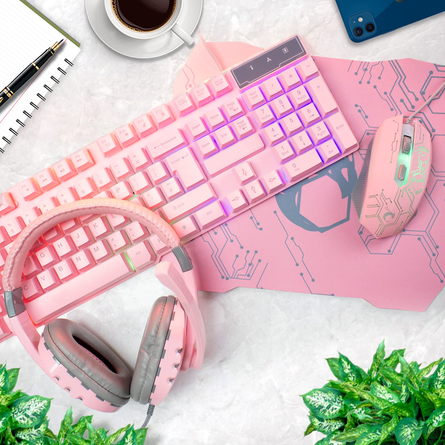 Pink Gaming Keyboard and Mouse Headset Headphones and Mouse Pad, Wired LED RGB Backlight Bundle Pink PC Accessories for Gamers and Xbox and PS4 PS5 Nintendo Switch Users - 4In1 Edition Hornet RX-250