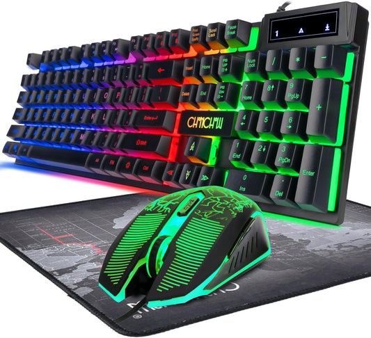 Keyboard and Mouse Gaming LED Wired Combo with Emitting Character Keyboard 4800DPI 2 Side Button USB Mouse Rainbow Backlit Mechanical Feeling Compatible with PC Raspberry Pi Mac Xbox One Ps4