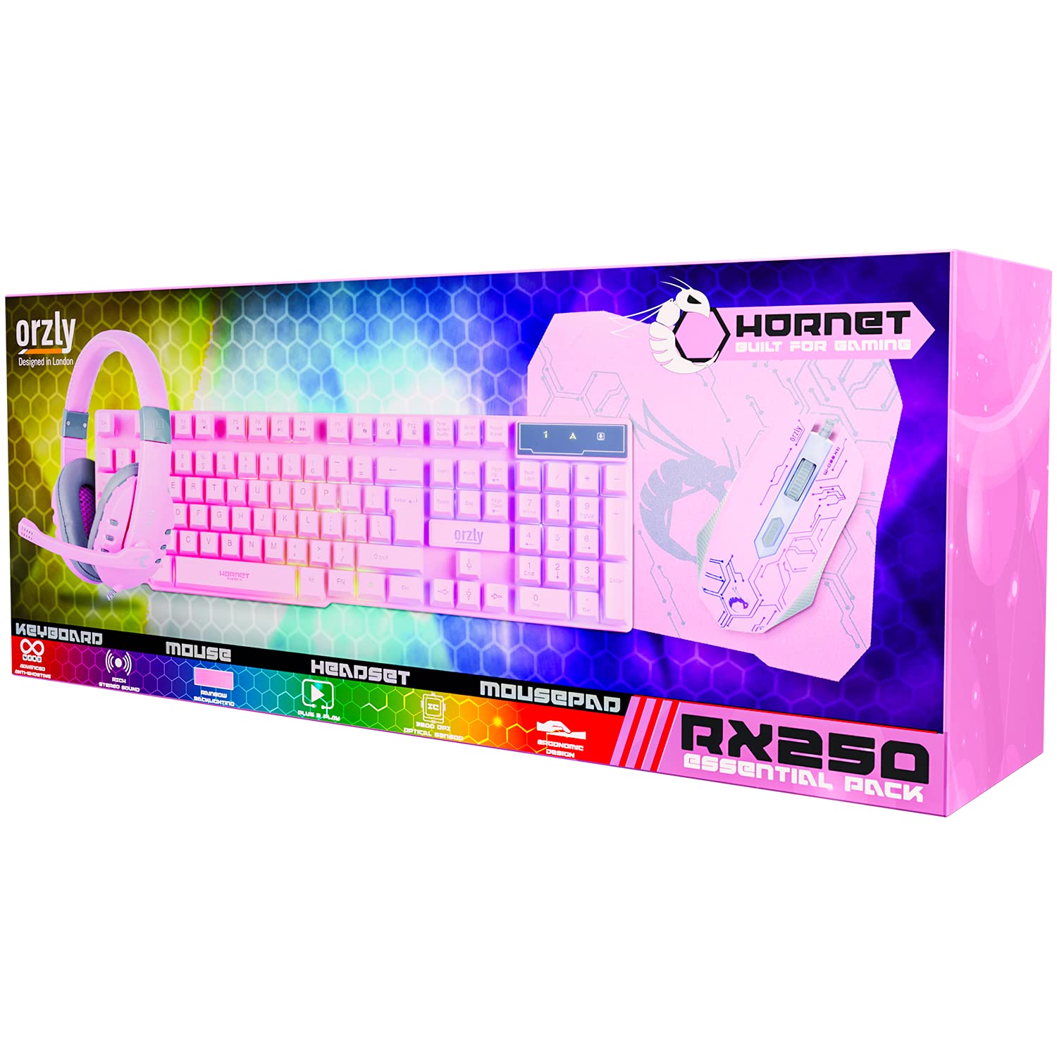 Pink Gaming Keyboard and Mouse Headset Headphones and Mouse Pad, Wired LED RGB Backlight Bundle Pink PC Accessories for Gamers and Xbox and PS4 PS5 Nintendo Switch Users - 4In1 Edition Hornet RX-250