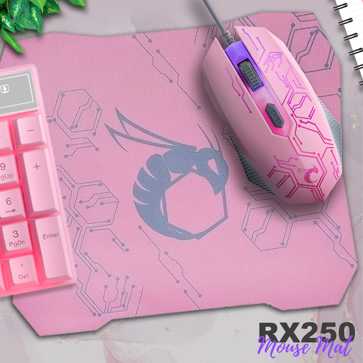 Pink Gaming Keyboard and Mouse Headset Headphones and Mouse Pad, Wired LED RGB Backlight Bundle Pink PC Accessories for Gamers and Xbox and PS4 PS5 Nintendo Switch Users - 4In1 Edition Hornet RX-250
