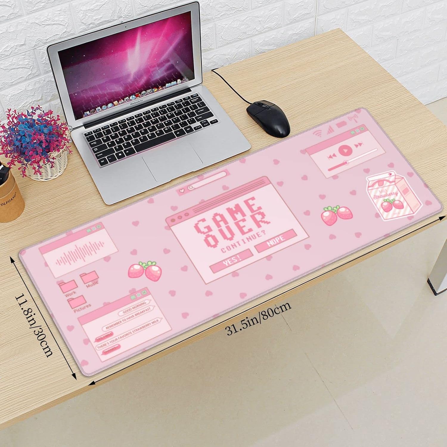 Pink Game Strawberry Milk Gaming Mouse Pad XL, Large Extended Mousepad Desk Pad, Long Nonslip Rubber Mice Mats Stitched Edges Playmat for Office Home Gamer, 31.5X11.8 Inch