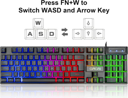 Keyboard and Mouse Gaming LED Wired Combo with Emitting Character Keyboard 4800DPI 2 Side Button USB Mouse Rainbow Backlit Mechanical Feeling Compatible with PC Raspberry Pi Mac Xbox One Ps4