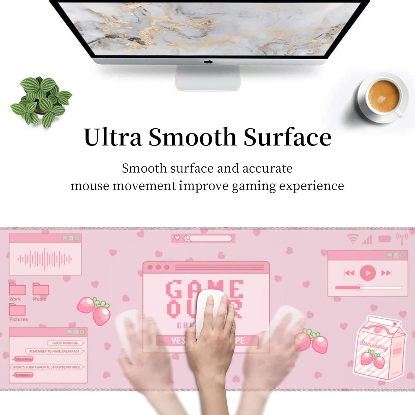 Pink Game Strawberry Milk Gaming Mouse Pad XL, Large Extended Mousepad Desk Pad, Long Nonslip Rubber Mice Mats Stitched Edges Playmat for Office Home Gamer, 31.5X11.8 Inch