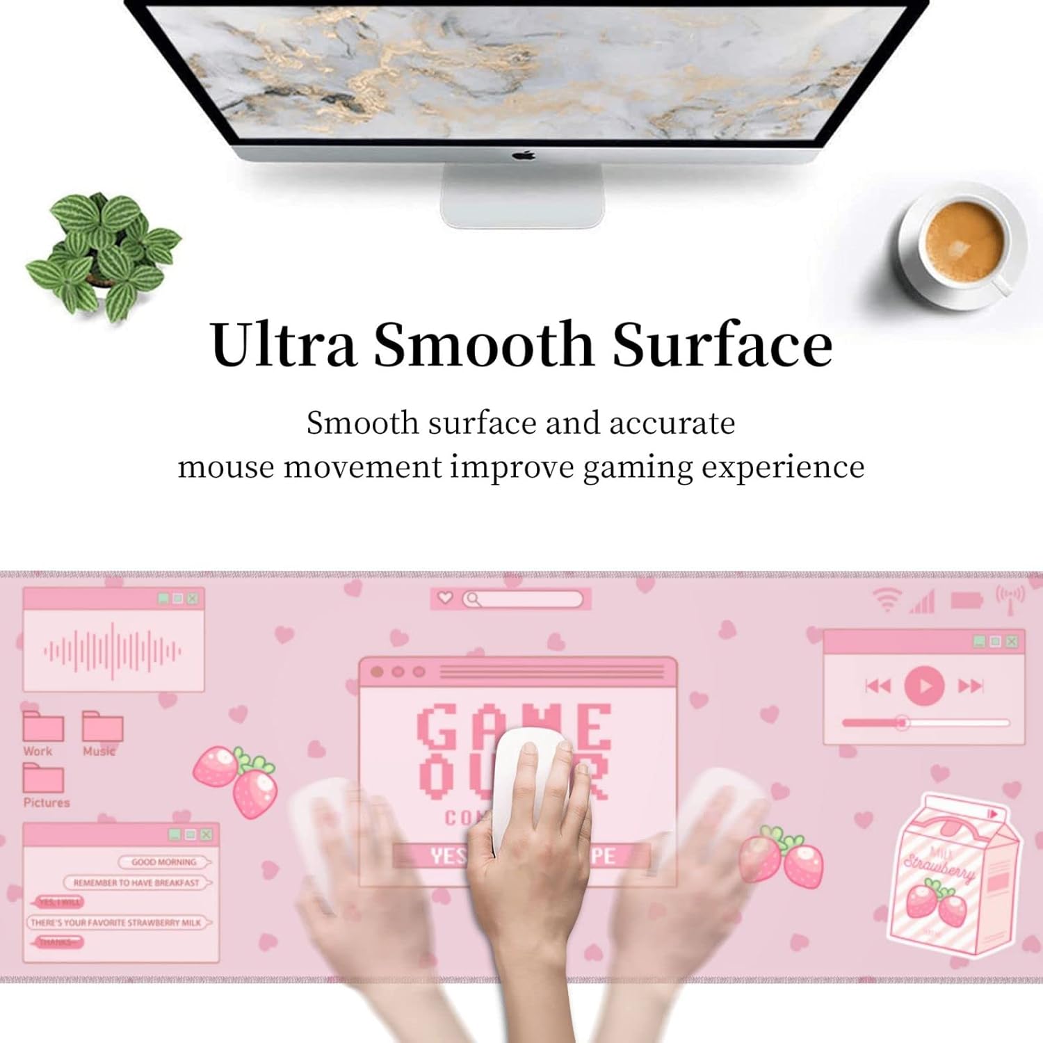 Pink Game Strawberry Milk Gaming Mouse Pad XL, Large Extended Mousepad Desk Pad, Long Nonslip Rubber Mice Mats Stitched Edges Playmat for Office Home Gamer, 31.5X11.8 Inch
