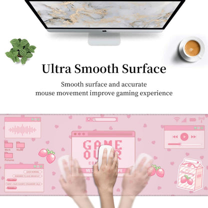 Pink Game Strawberry Milk Gaming Mouse Pad XL, Large Extended Mousepad Desk Pad, Long Nonslip Rubber Mice Mats Stitched Edges Playmat for Office Home Gamer, 31.5X11.8 Inch