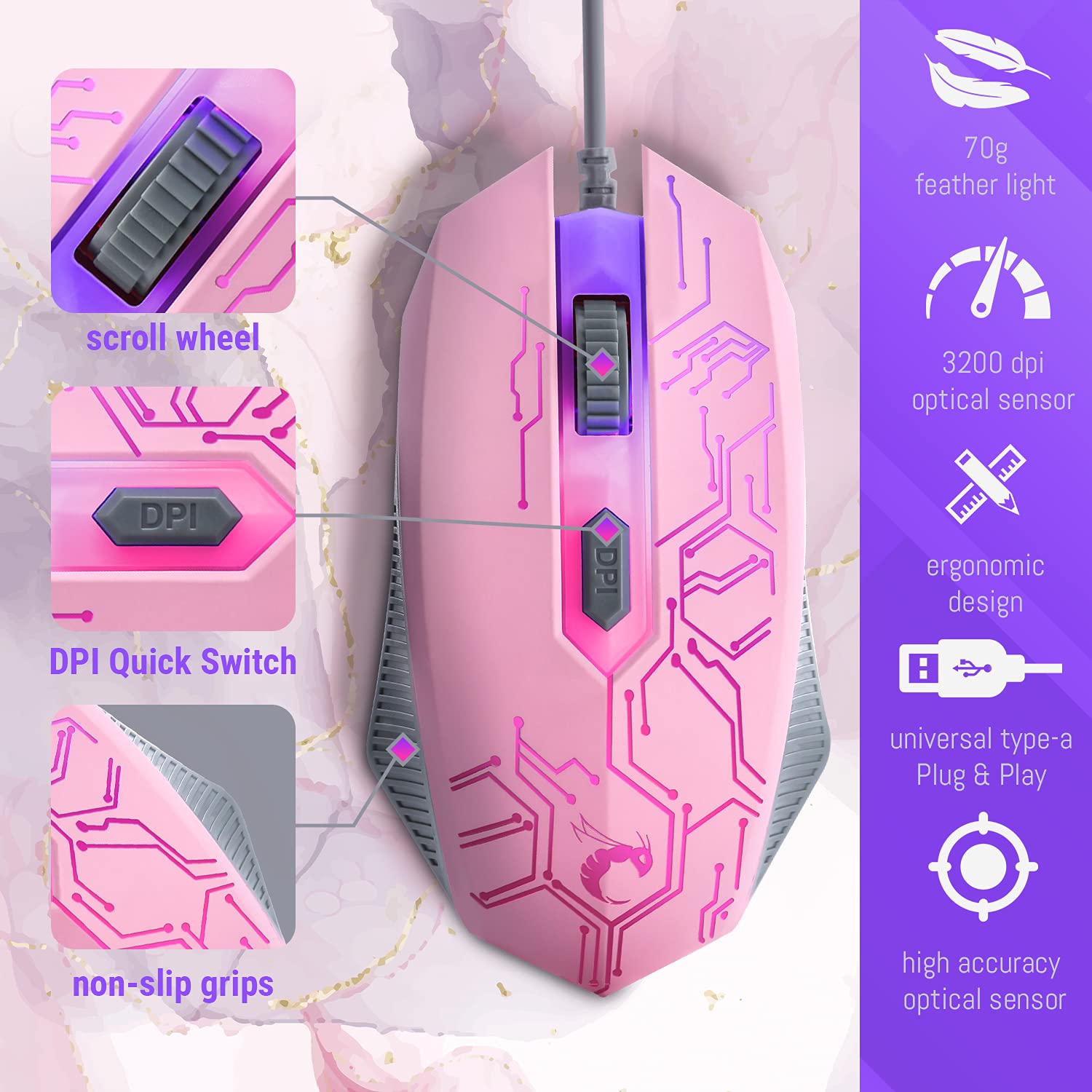 Pink Gaming Keyboard and Mouse Headset Headphones and Mouse Pad, Wired LED RGB Backlight Bundle Pink PC Accessories for Gamers and Xbox and PS4 PS5 Nintendo Switch Users - 4In1 Edition Hornet RX-250