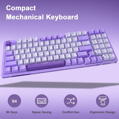 Mechanical Gaming Keyboard USB Wired Compact with Number Pad, Purple Led Backlit, Blue Switch, Detachable Type C Cable, 94 Keys for Pc/Computer/Laptop, White and Purple