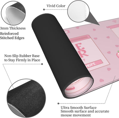 Pink Game Strawberry Milk Gaming Mouse Pad XL, Large Extended Mousepad Desk Pad, Long Nonslip Rubber Mice Mats Stitched Edges Playmat for Office Home Gamer, 31.5X11.8 Inch
