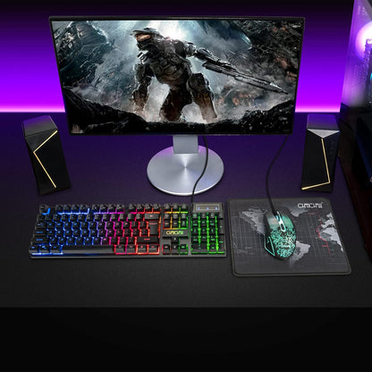 Keyboard and Mouse Gaming LED Wired Combo with Emitting Character Keyboard 4800DPI 2 Side Button USB Mouse Rainbow Backlit Mechanical Feeling Compatible with PC Raspberry Pi Mac Xbox One Ps4