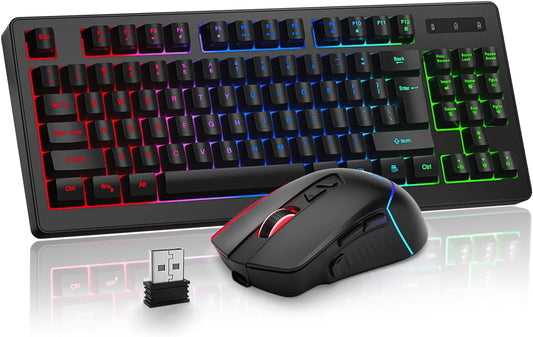 Wireless Gaming Keyboard and Mouse Combo, RGB Rainbow Backlit Rechargeable Battery, 87 Keys TKL Light up Keyboard with Ergonomic Gaming Mouse for Mac Laptop Computer PC Gamer