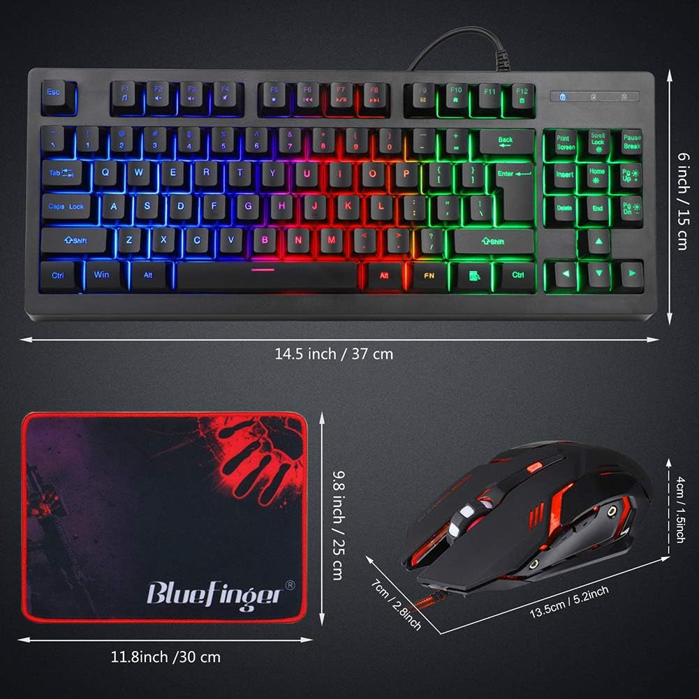 RGB 87 Keys Gaming Keyboard and Backlit Mouse Combo,  USB Wired Rainbow Gaming Keyboard Set for Laptop PC Computer Game and Work