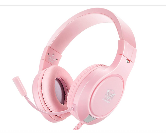 Pink Gaming Headset Bass Surround and Noise Cancelling with Flexible Mic, 3.5Mm Wired Adjustable Over-Ear Headphones for Laptop PC Ipad Smartphones